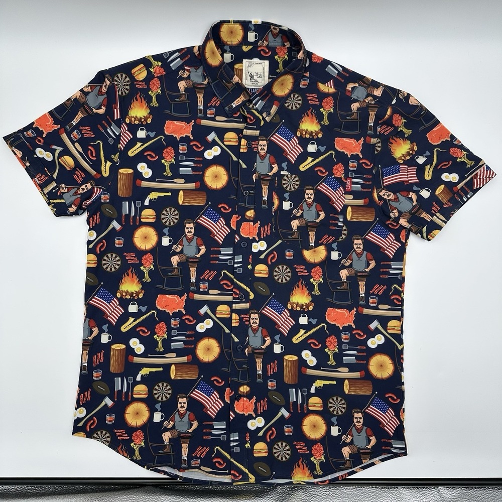 RSVLTS Parks and Rec Button Down Shirt Ron Swanson Pawnee Mens XL X-Large Blue - Picture 2 of 9